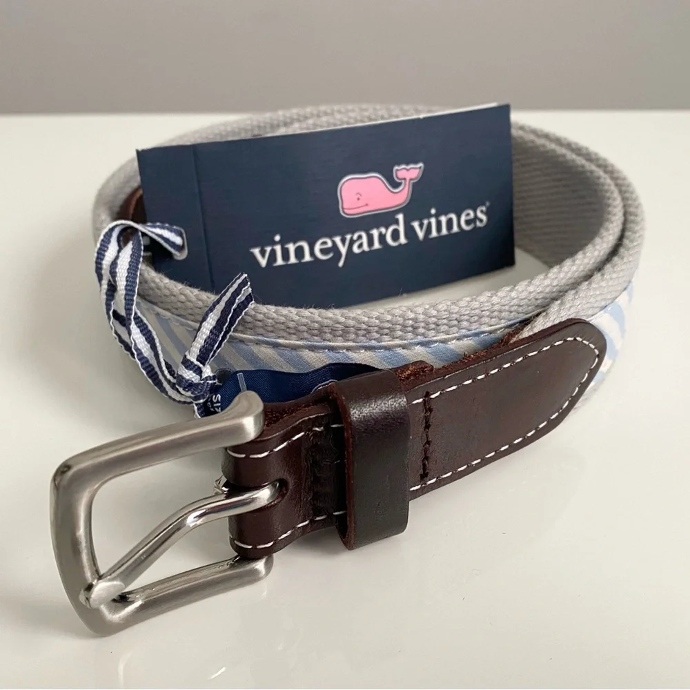 Vineyard Vines Kids Boys Seersucker Canvas Club Striped Blue White Brown Belt 26